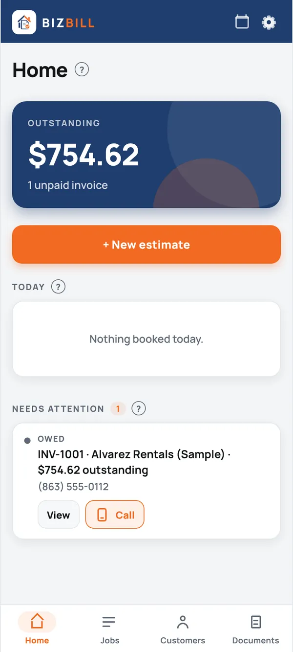 BIZBILL home screen showing money owed, a New estimate button and what needs attention