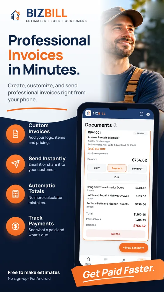 Professional invoices in minutes: a BIZBILL invoice with three line items, the total, a payment and the balance