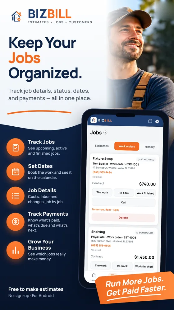 Keep your jobs organized: the BIZBILL Jobs screen with work orders booked for upcoming days
