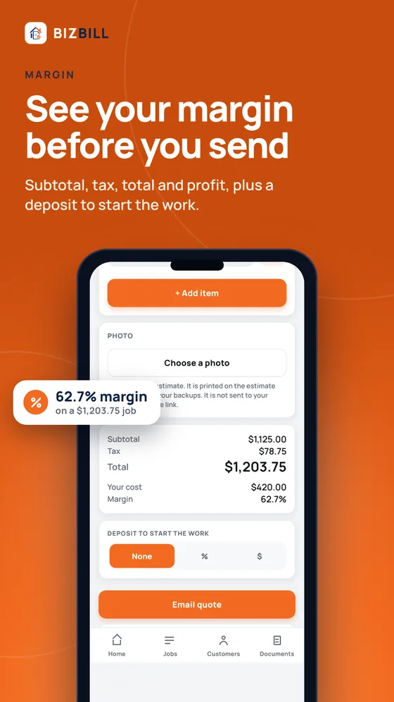 See your margin before you send: estimate totals showing a 62.7 percent margin and a deposit option