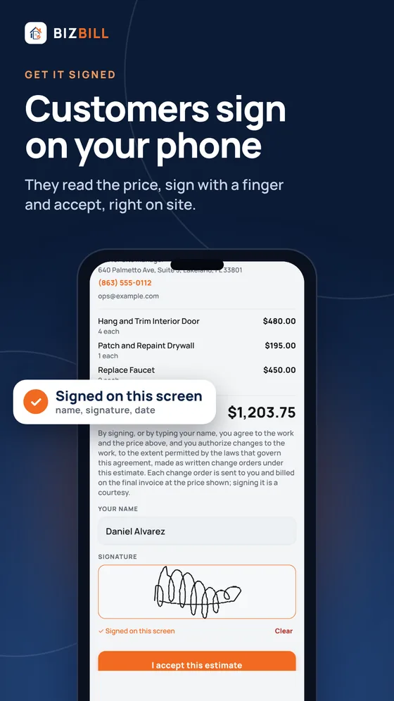 Customers sign on your phone: a customer’s name and signature on the accept screen